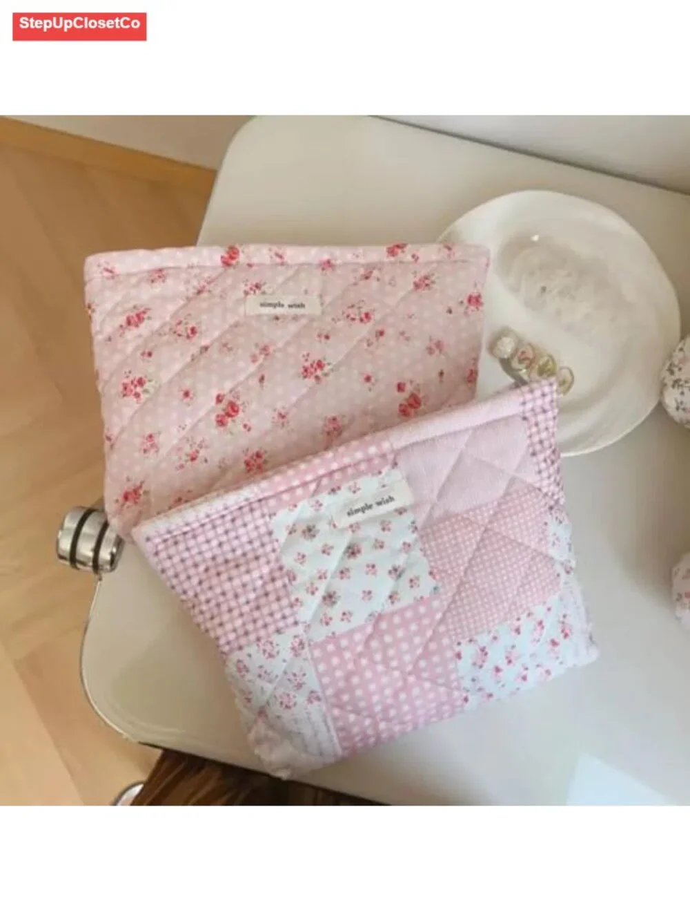 Quilted Cotton Makeup Bag Floral Cosmetic Pouch Travel Toiletry Organizer for